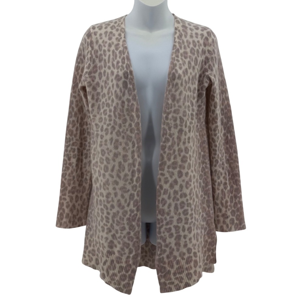 360 Cashmere Leopard Print Cardigan Women XS Open Front Sweater Neutral